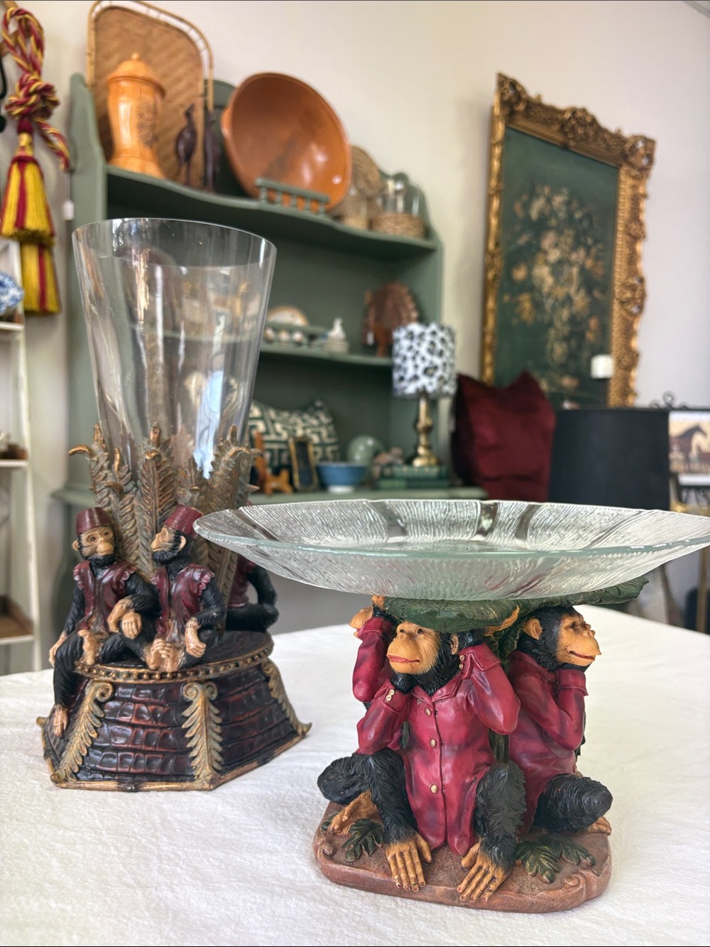 Vintage Monkey Business Decor Bundle: Glass Vase & Compote Bowl